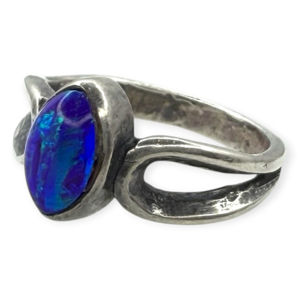 Vintage Ring Sterling Silver 5.75 Blue Marquise Opal Brutalist O.T.T. STER.